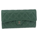 CHANEL Matelasse Long Wallet Lamb Skin Green Silver CC Auth 190682M-2