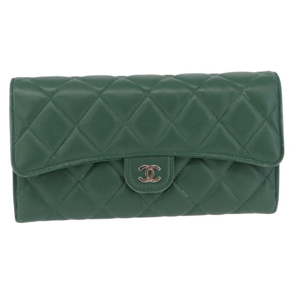 CHANEL Matelasse Long Wallet Lamb Skin Green Silver CC Auth 190682M