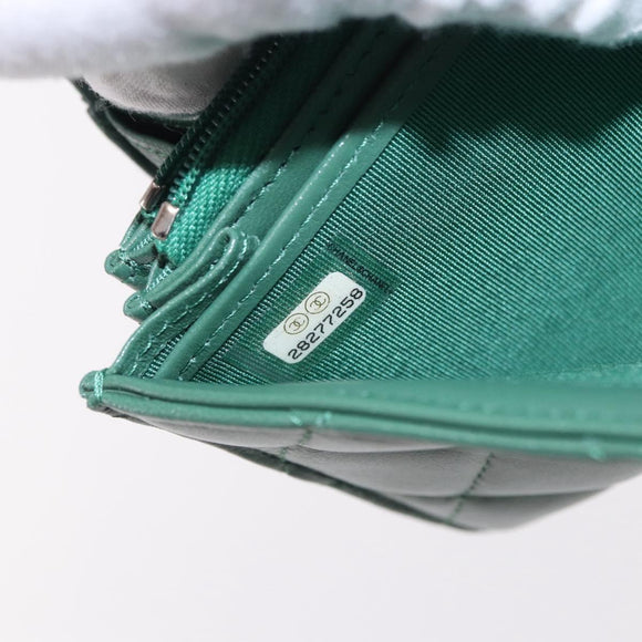 CHANEL Matelasse Long Wallet Lamb Skin Green Silver CC Auth 190682M