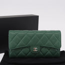 CHANEL Matelasse Long Wallet Lamb Skin Green Silver CC Auth 190682M-25