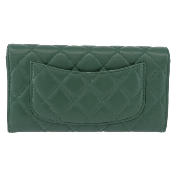 CHANEL Matelasse Long Wallet Lamb Skin Green Silver CC Auth 190682M