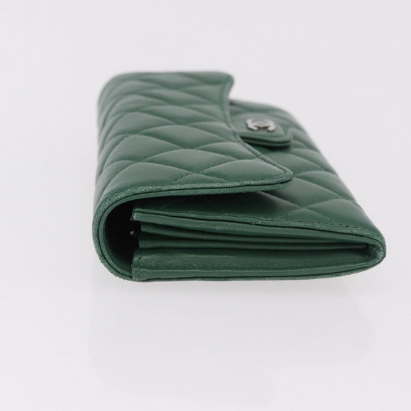 CHANEL Matelasse Long Wallet Lamb Skin Green Silver CC Auth 190682M