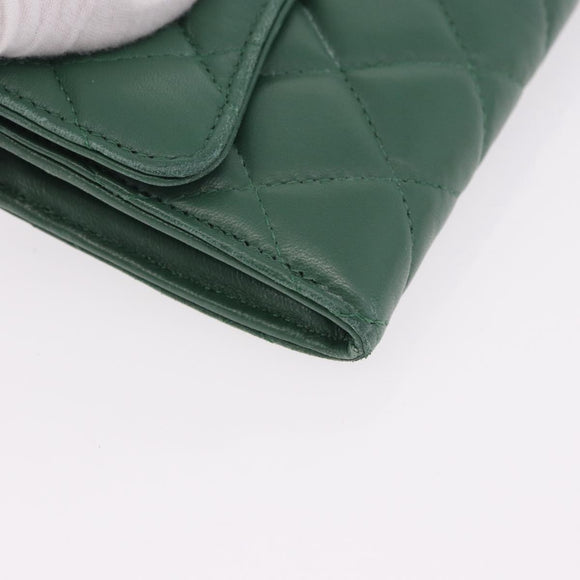 CHANEL Matelasse Long Wallet Lamb Skin Green Silver CC Auth 190682M