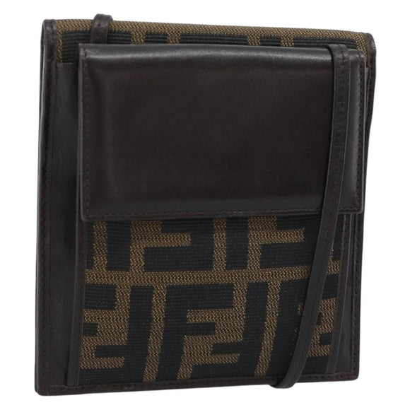FENDI Zucca Canvas Shoulder Wallet Brown Black Auth 190683A
