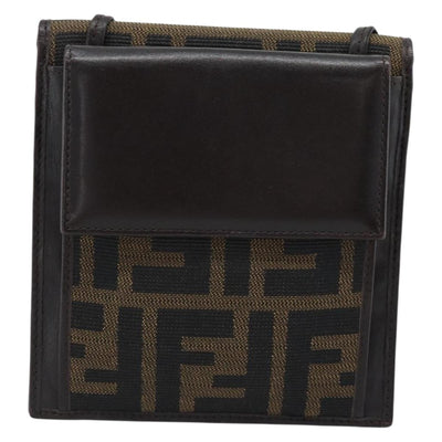FENDI Zucca Canvas Shoulder Wallet Brown Black Auth 190683A - 0