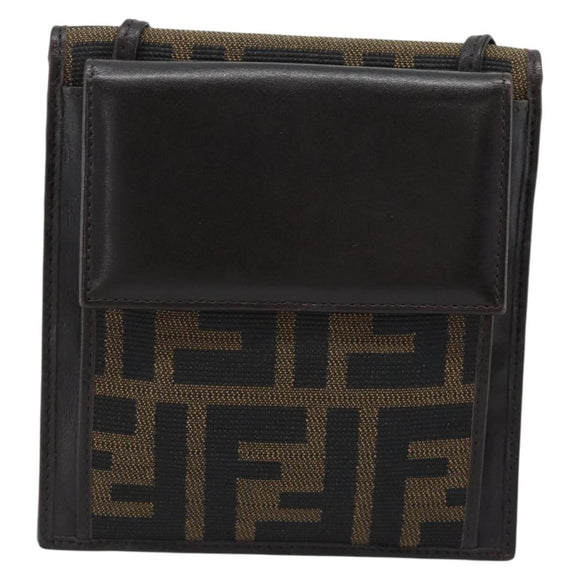 FENDI Zucca Canvas Shoulder Wallet Brown Black Auth 190683A