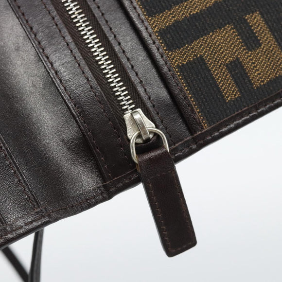 FENDI Zucca Canvas Shoulder Wallet Brown Black Auth 190683A
