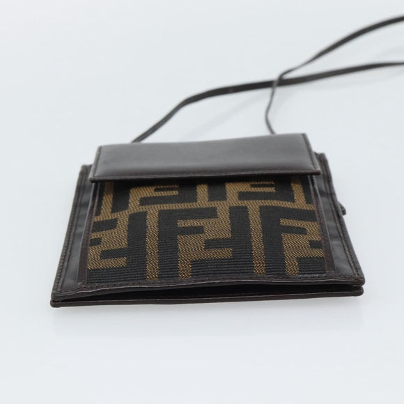 FENDI Zucca Canvas Shoulder Wallet Brown Black Auth 190683A