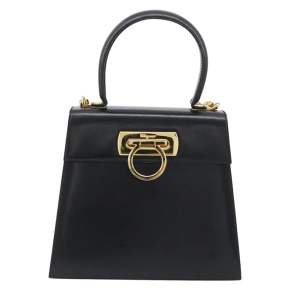 Salvatore Ferragamo Gancini Hand Bag Leather 2way Black Gold Auth 190688