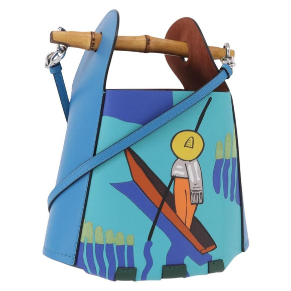 LOEWE KEN PRICE Bamboo Bucket Bag Leather 2way Blue Silver Auth 190693SAM