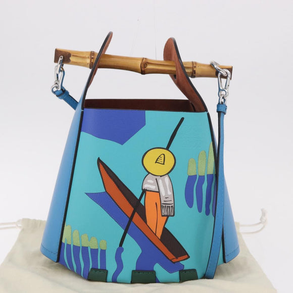 LOEWE KEN PRICE Bamboo Bucket Bag Leather 2way Blue Silver Auth 190693SAM
