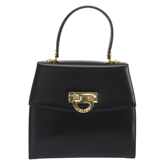 CELINE Circle Hand Bag Leather Black Gold Auth 190716V