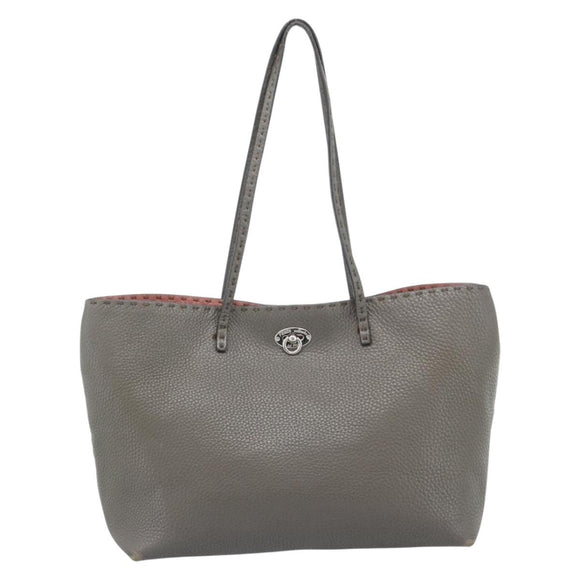 FENDI Celeria Tote Bag Leather Gray Silver Auth 190772
