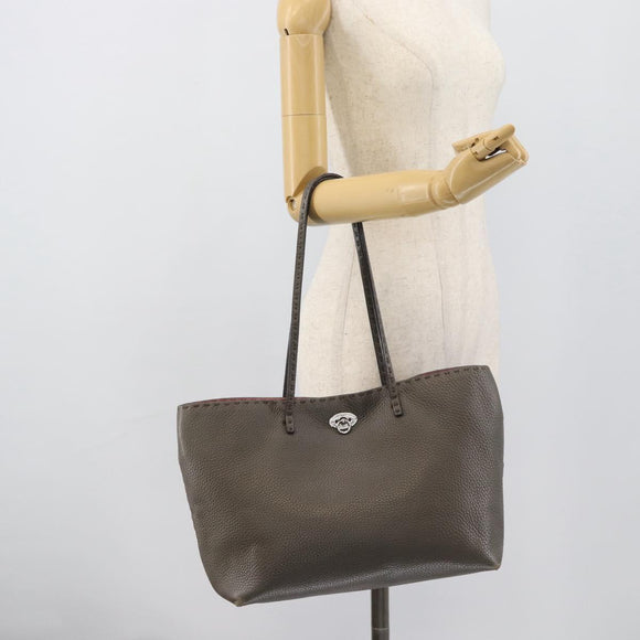 FENDI Celeria Tote Bag Leather Gray Silver Auth 190772