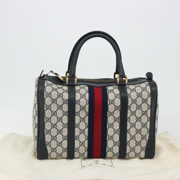 GUCCI GG Supreme Sherry Line Boston Bag PVC Navy Gold Auth 190785A