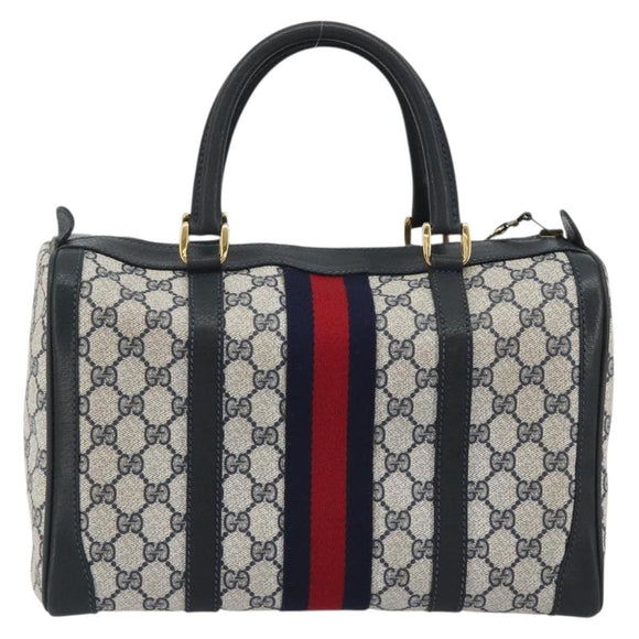 GUCCI GG Supreme Sherry Line Boston Bag PVC Navy Gold Auth 190785A