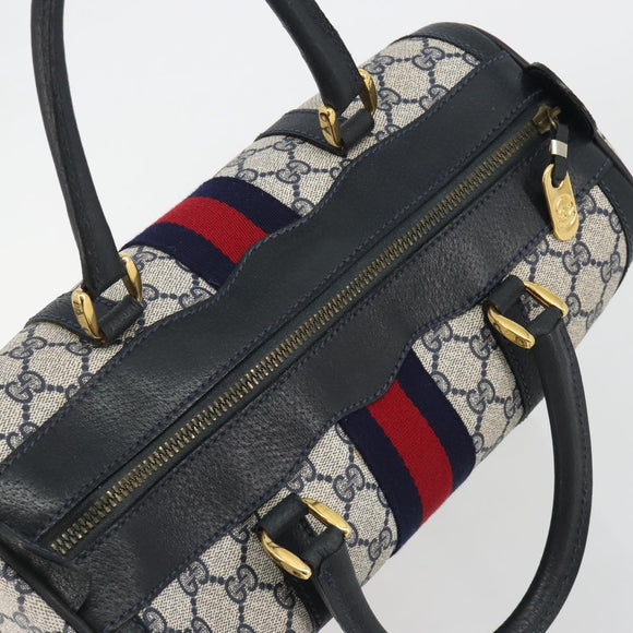 GUCCI GG Supreme Sherry Line Boston Bag PVC Navy Gold Auth 190785A
