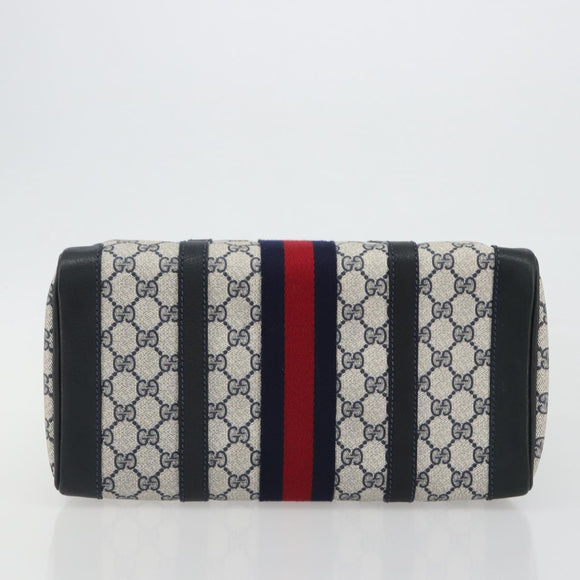 GUCCI GG Supreme Sherry Line Boston Bag PVC Navy Gold Auth 190785A