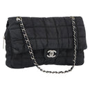 CHANEL Choco Bar Chain Shoulder Bag Nylon Black Silver CC Auth 190857A-1