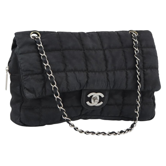 CHANEL Choco Bar Chain Shoulder Bag Nylon Black Silver CC Auth 190857A