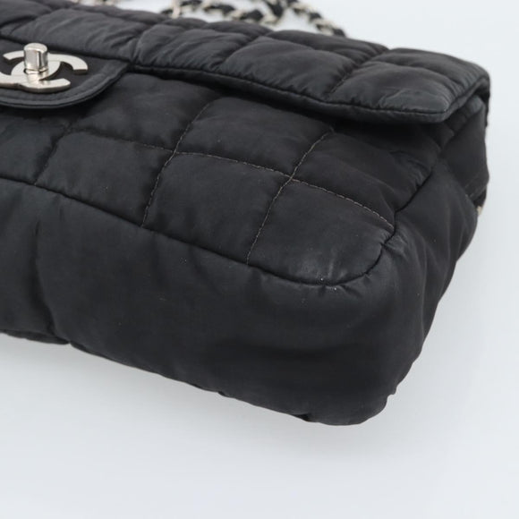CHANEL Choco Bar Chain Shoulder Bag Nylon Black Silver CC Auth 190857A
