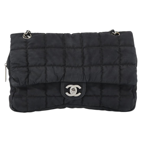 CHANEL Choco Bar Chain Shoulder Bag Nylon Black Silver CC Auth 190857A