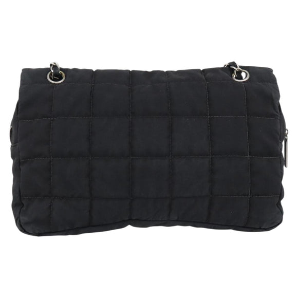 CHANEL Choco Bar Chain Shoulder Bag Nylon Black Silver CC Auth 190857A