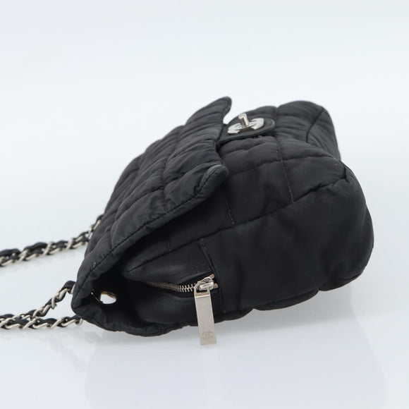 CHANEL Choco Bar Chain Shoulder Bag Nylon Black Silver CC Auth 190857A