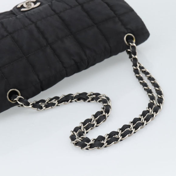 CHANEL Choco Bar Chain Shoulder Bag Nylon Black Silver CC Auth 190857A
