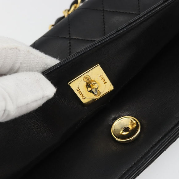 CHANEL Matelasse Chain Shoulder Bag Lamb Skin Black Gold CC Auth 190883