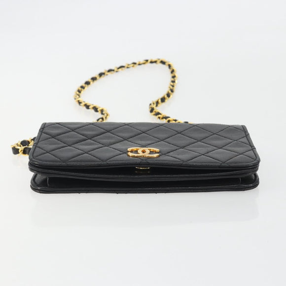 CHANEL Matelasse Chain Shoulder Bag Lamb Skin Black Gold CC Auth 190883
