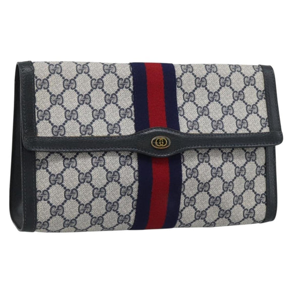 GUCCI GG Supreme Sherry Line Clutch Bag PVC Navy Gold Auth 190891