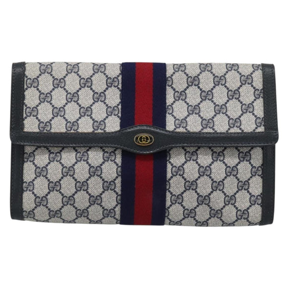 GUCCI GG Supreme Sherry Line Clutch Bag PVC Navy Gold Auth 190891