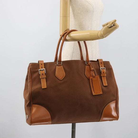 PRADA Boston Bag Canvas Brown Silver Auth 190935A