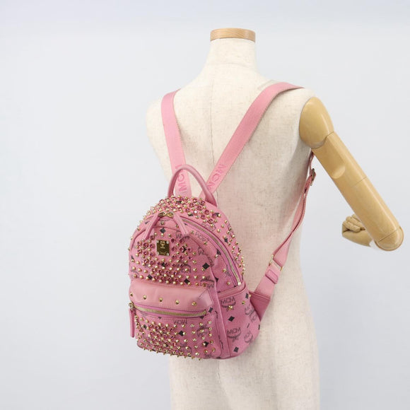 MCM Vicetos Logogram Studs Backpack Leather Pink Gold Auth 190946
