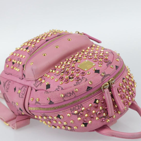 MCM Vicetos Logogram Studs Backpack Leather Pink Gold Auth 190946