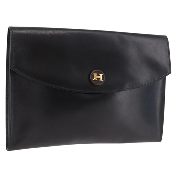 HERMES Pochetto Rio Clutch Bag Leather Black Gold Auth 190962M