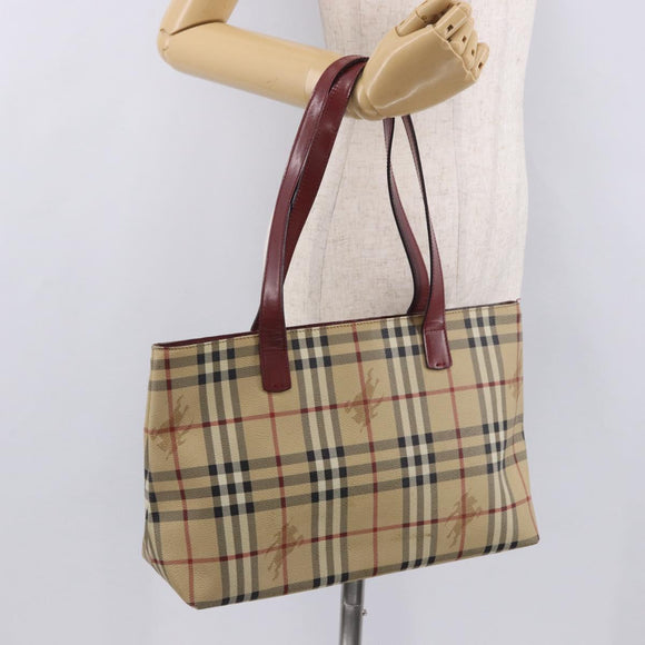 BURBERRY Nova Check Tote Bag PVC Leather Beige Silver Auth 190964