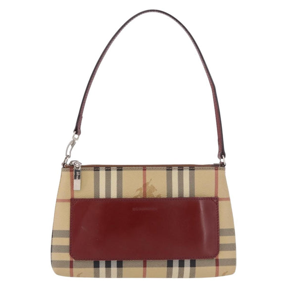 BURBERRY Nova Check Pouch PVC Leather Beige Silver Auth 190965A