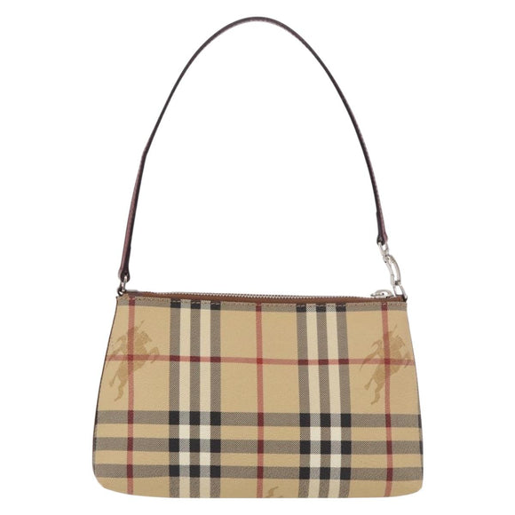 BURBERRY Nova Check Pouch PVC Leather Beige Silver Auth 190965A