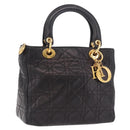 Christian Dior Canage Hand Bag Lamb Skin Black Gold Auth 190976A-1