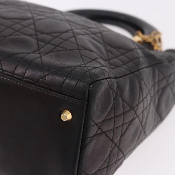 Christian Dior Canage Hand Bag Lamb Skin Black Gold Auth 190976A