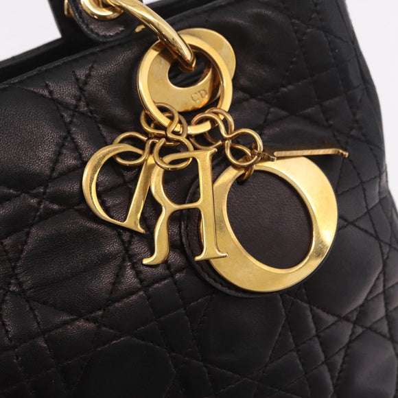 Christian Dior Canage Hand Bag Lamb Skin Black Gold Auth 190976A