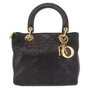 Christian Dior Canage Hand Bag Lamb Skin Black Gold Auth 190976A-13