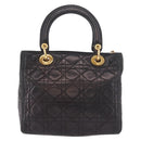 Christian Dior Canage Hand Bag Lamb Skin Black Gold Auth 190976A-2
