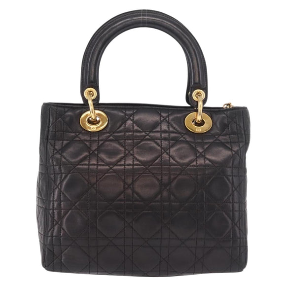 Christian Dior Canage Hand Bag Lamb Skin Black Gold Auth 190976A