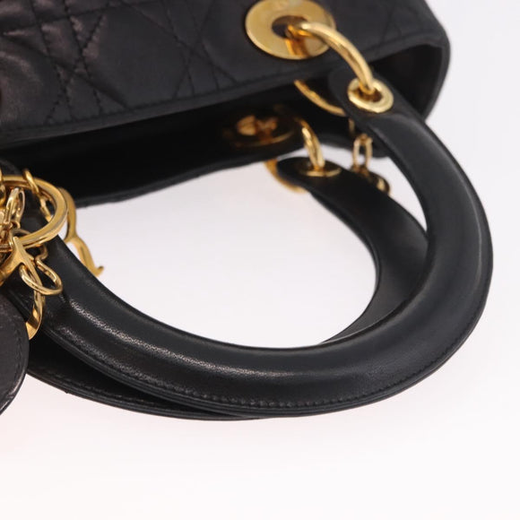 Christian Dior Canage Hand Bag Lamb Skin Black Gold Auth 190976A