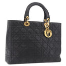 Christian Dior Canage Hand Bag Lamb Skin Black Gold Auth 190981-1