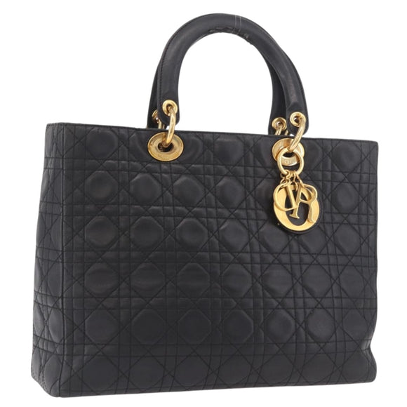 Christian Dior Canage Hand Bag Lamb Skin Black Gold Auth 190981