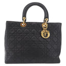 Christian Dior Canage Hand Bag Lamb Skin Black Gold Auth 190981-2